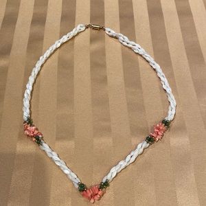 22” Mother of pearl pink coral and jade necklace, 3 strands